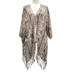 Billabong Longline Kimono Topper S/M Fringe Geometric Aztec Boho Festival Flowy